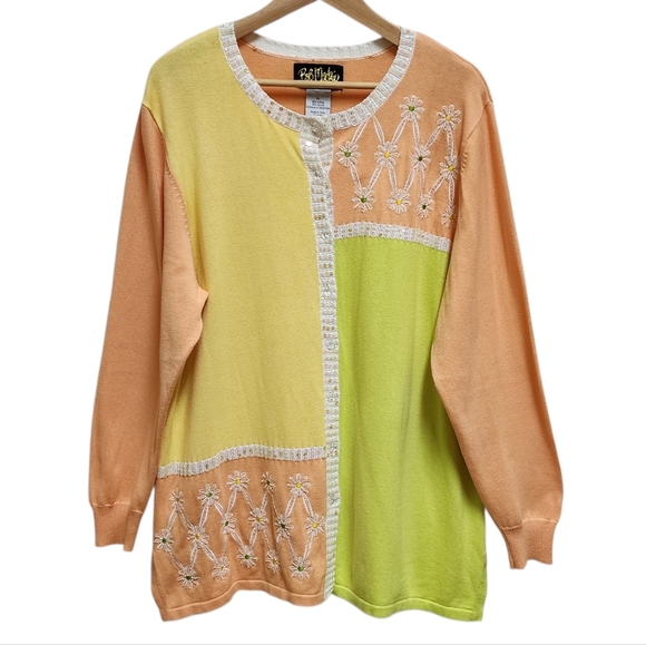 Bob Mackie Cardigan Sweater Women XL Pastel Orange Green Embroider Floral Sequin - Picture 1 of 12
